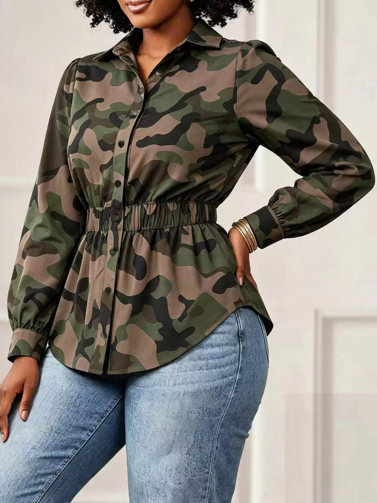 Camouflage Button Front Long Sleeve Blouse