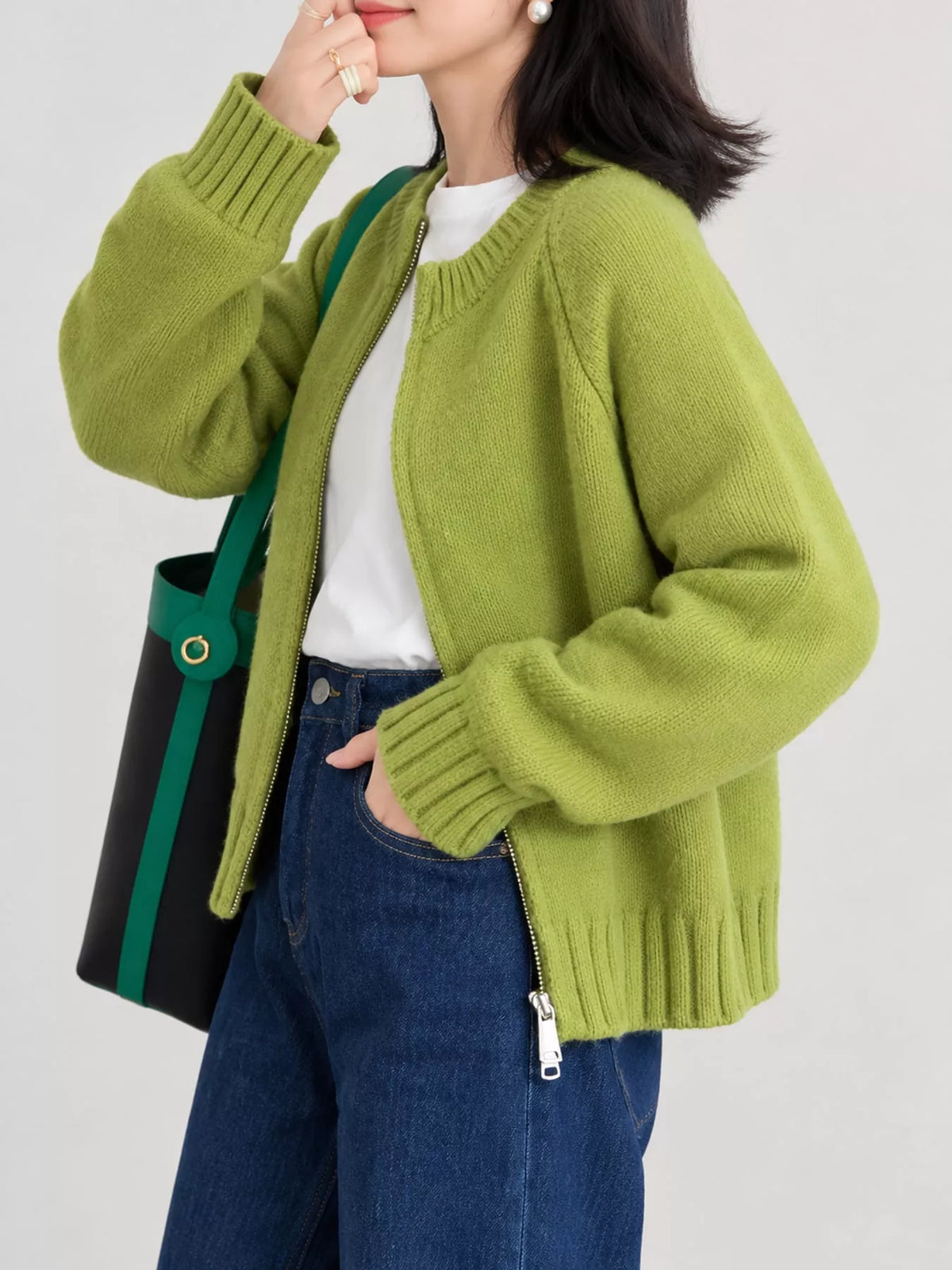 Ribbed Hem Zip-Up Cardigan
