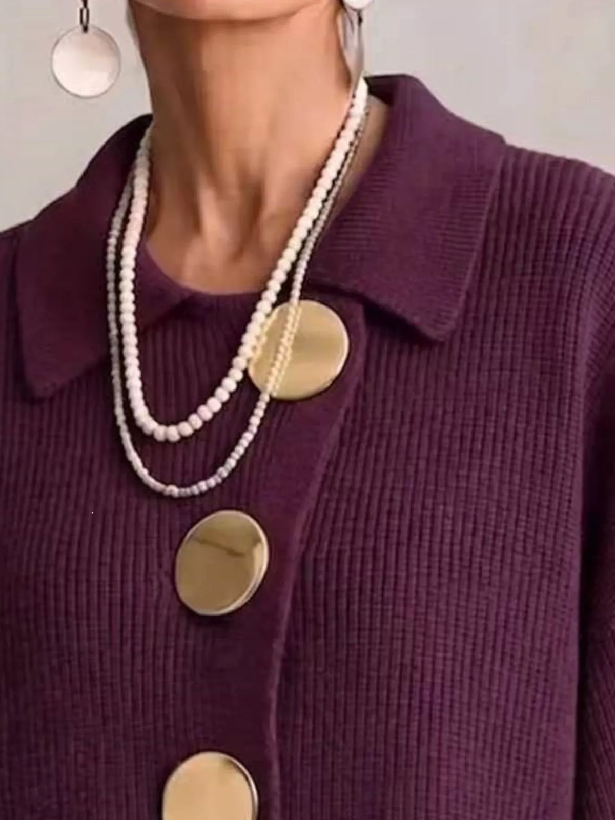 Full Size Ribbed Knit Gold Buttons Cardigan Plus Size