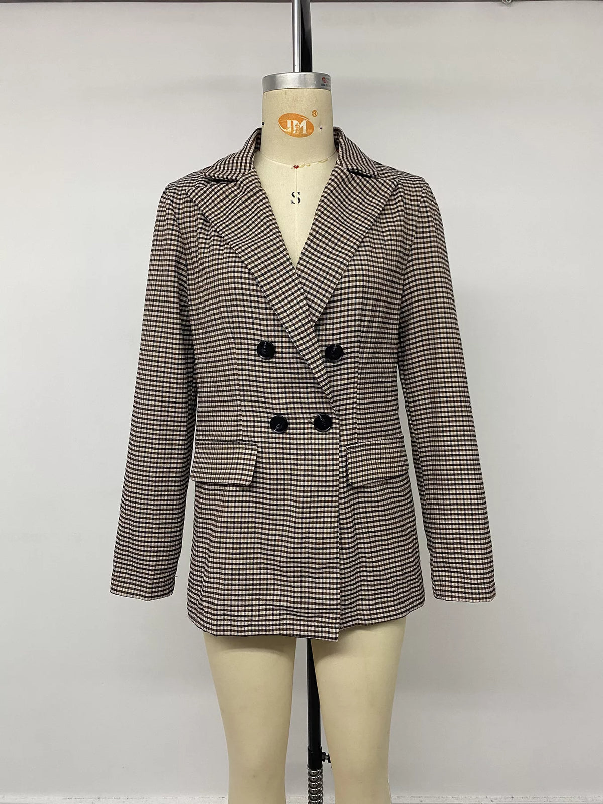Plaid Lapel Collar Double-Breasted Blazer