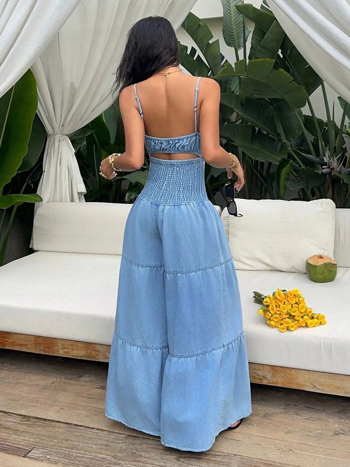 Tie-Front Cutout Smocked Wide Leg Denim Jumpsuit