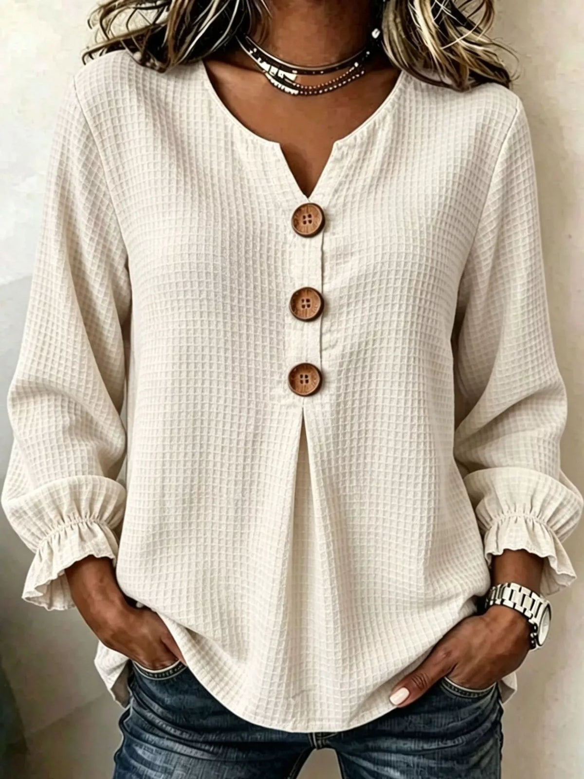 Full Size Waffle Knit Flounce Sleeve Blouse Plus Size