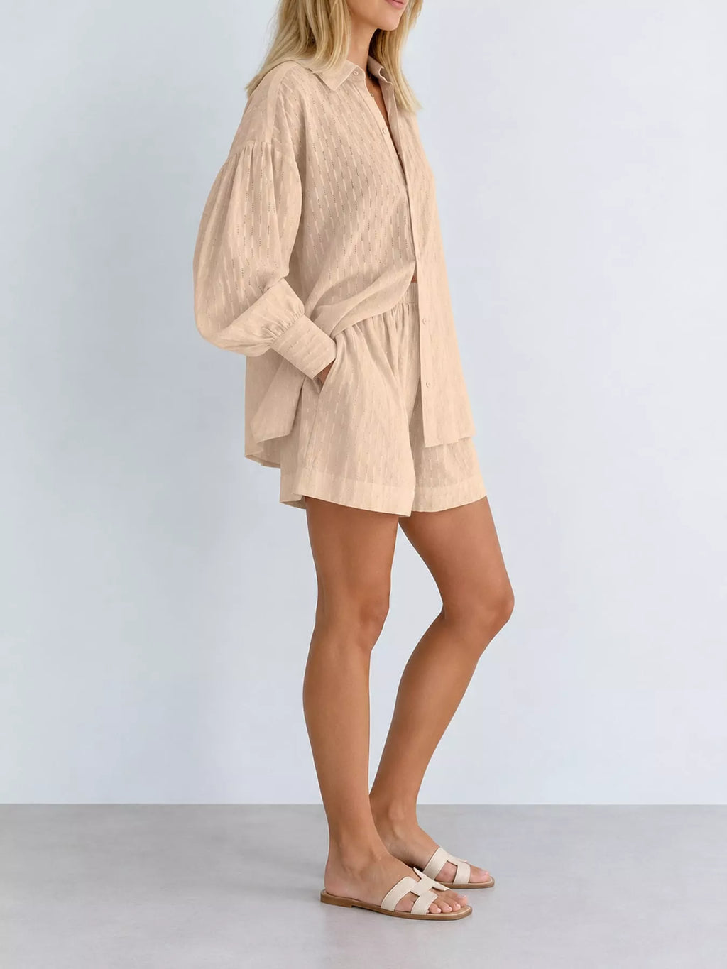 Textured Button-Down Shirt and Shorts Set