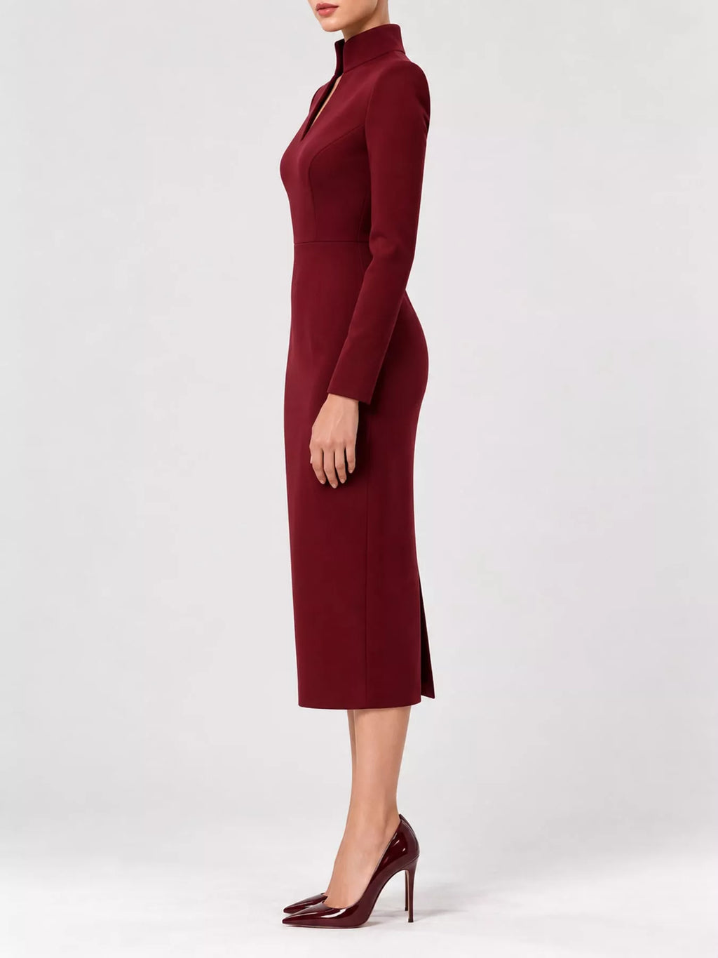 Full Size Stand-Collar Long-Sleeve Midi Dress Plus Size