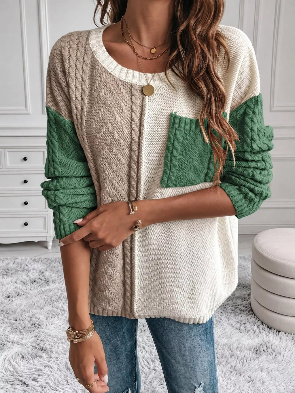 Color Block Cable Knit Sweater