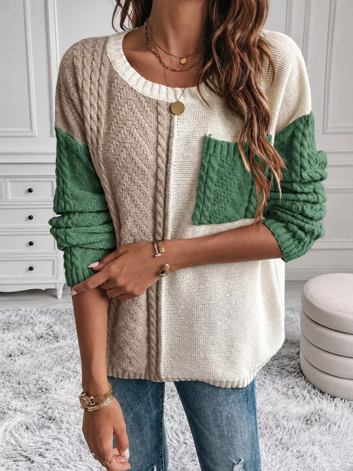 Color Block Cable Knit Sweater