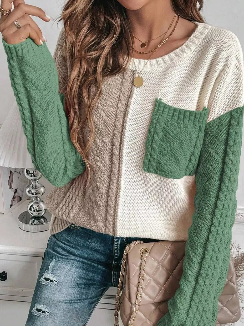 Color Block Cable Knit Sweater
