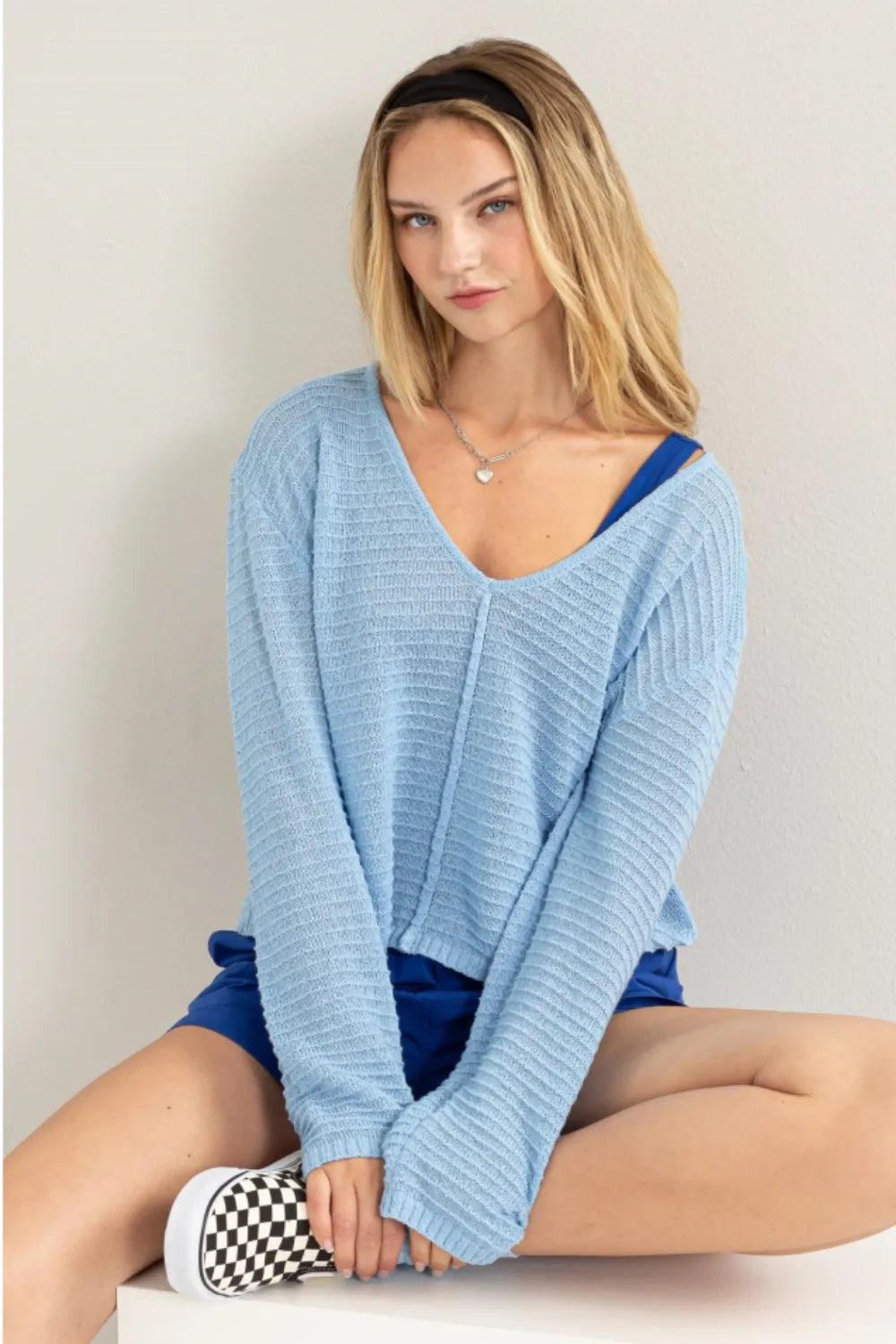 V-Neck Striped Long Sleeve Knit Top