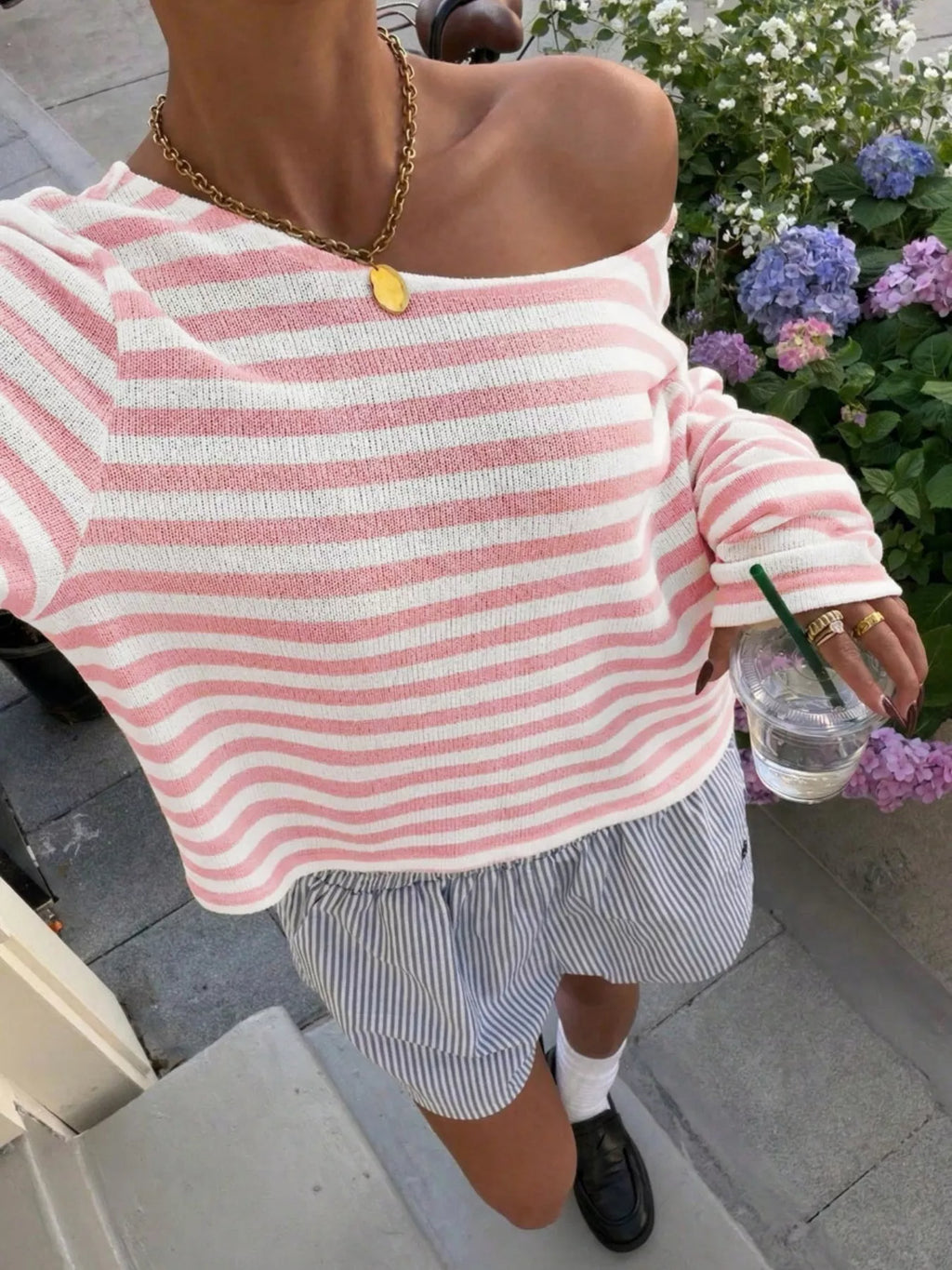 Boat Neck Striped Long Sleeve T-Shirt