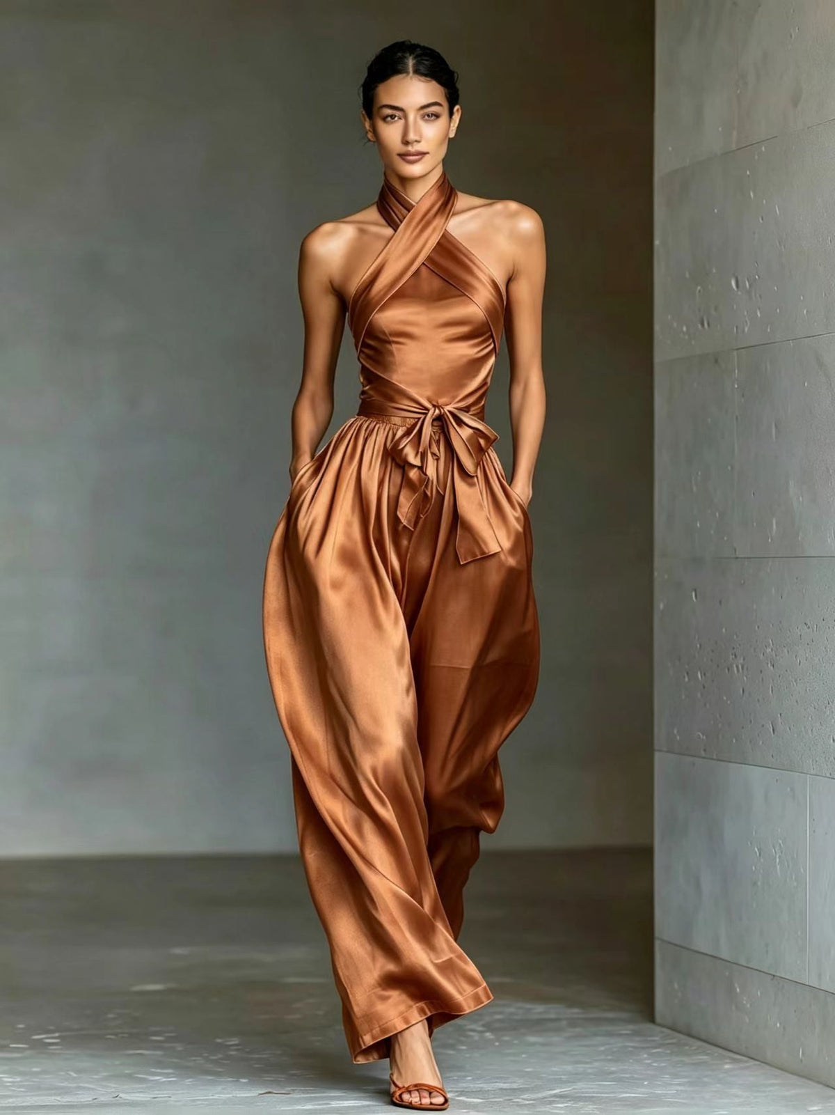 European And American Cross-border Women's Satin High-end Waist-cinching Slit Strap Solid Color Evening Dress Jumpsuit For Women
