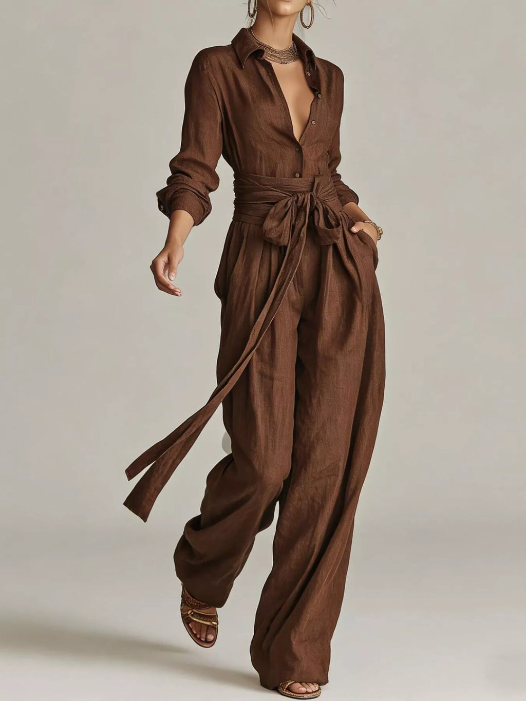 Long-Sleeve Button-Down Waist-Tie Jumpsuit
