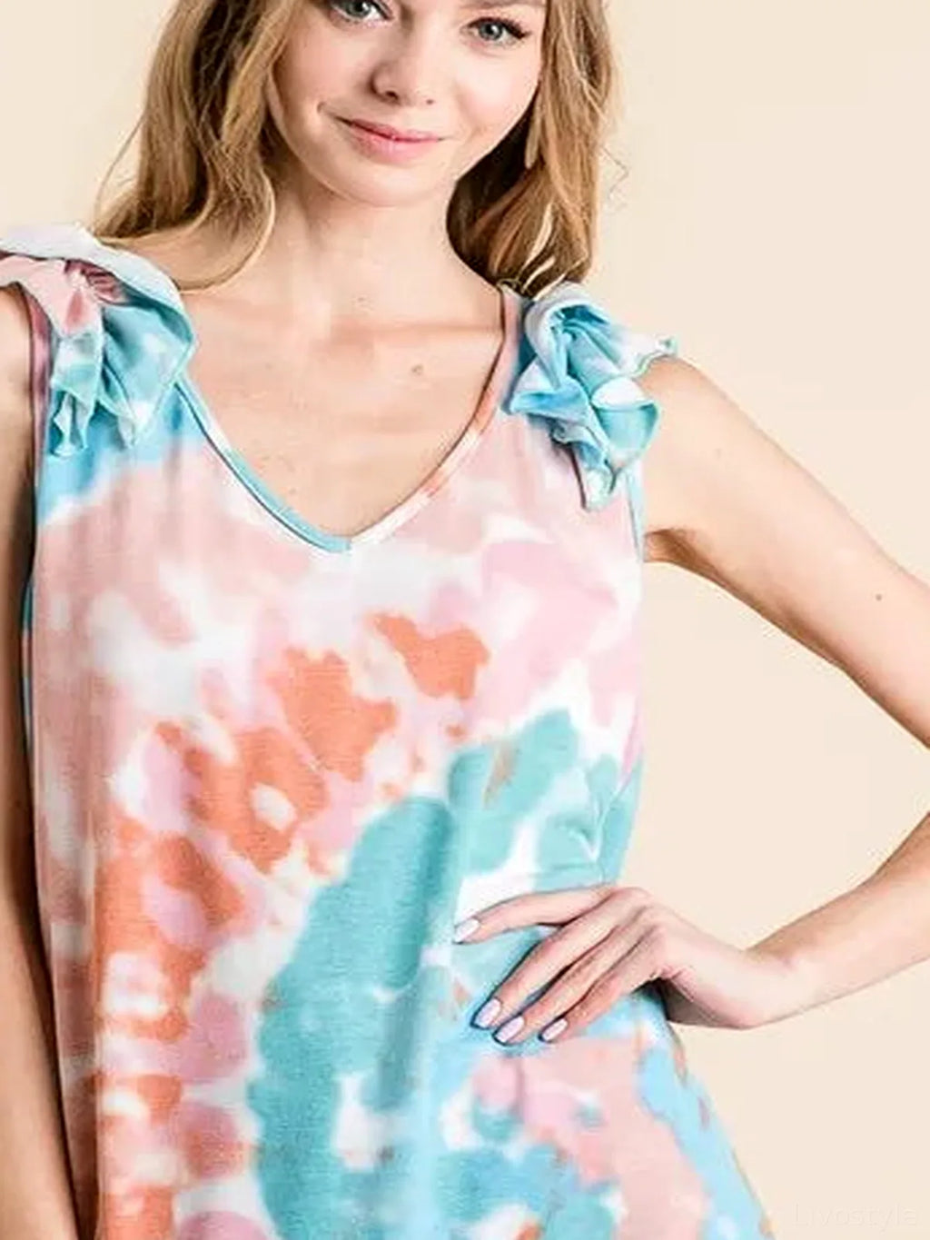 Tie-Dye V-Neck Top with Ruffle Detail