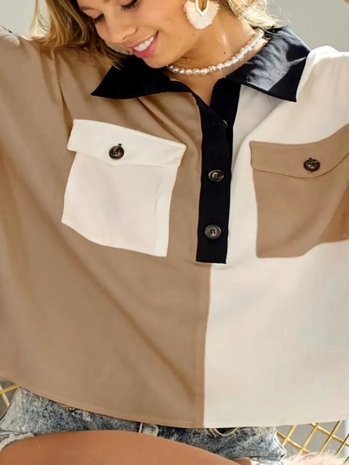 Color Block Dolman Sleeve Top with Collared Quarter Neck