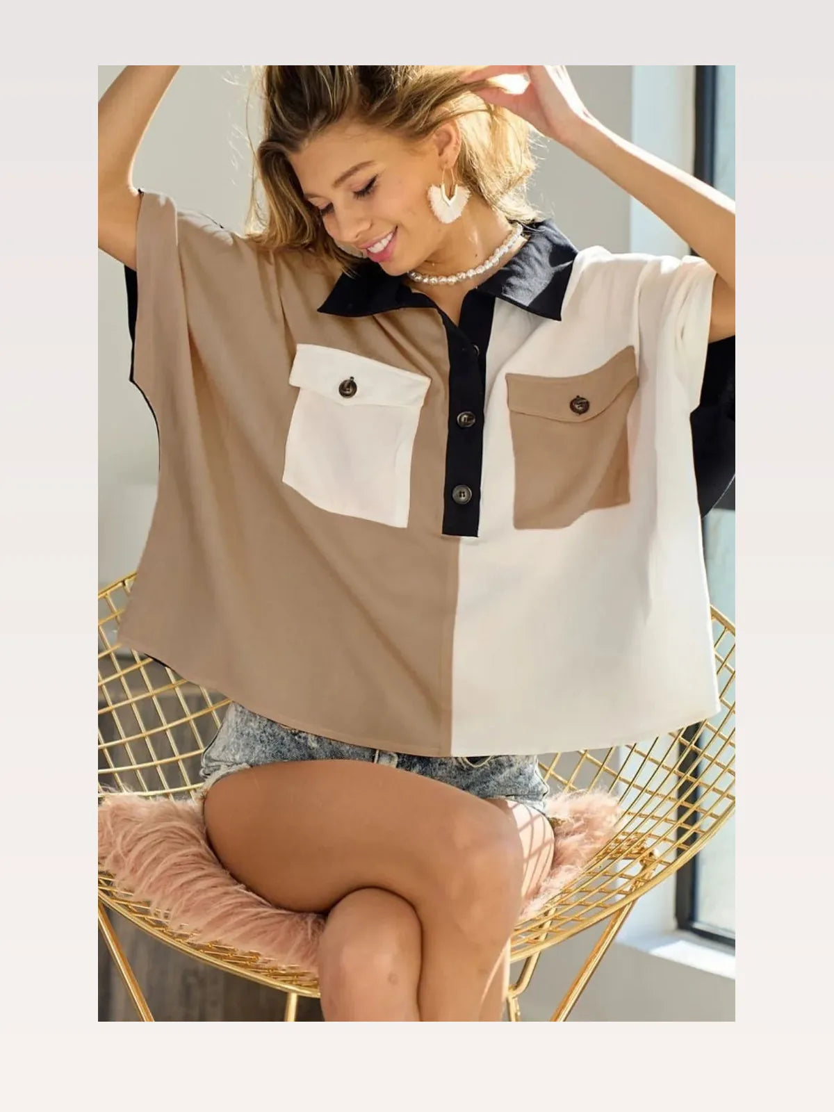 Color Block Dolman Sleeve Top with Collared Quarter Neck