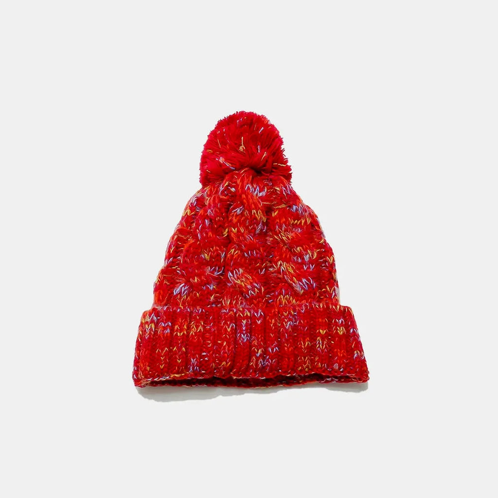 Contrast Cable Knit Beanie with Pompom