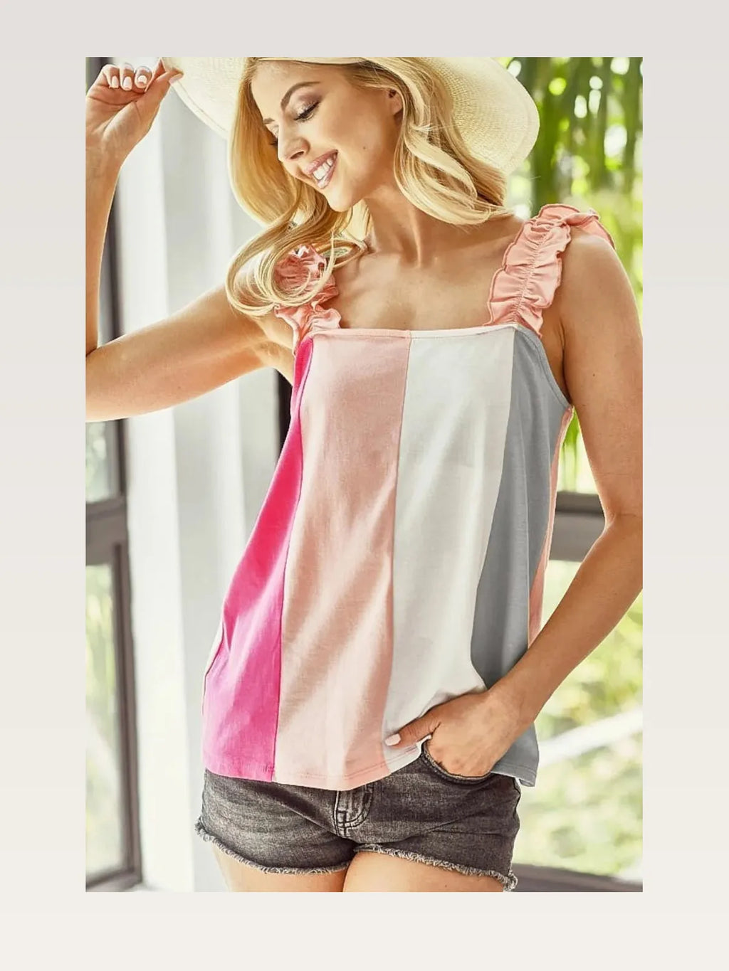 Color Block Ruffle Shoulder Tank Top in Stretch Cotton