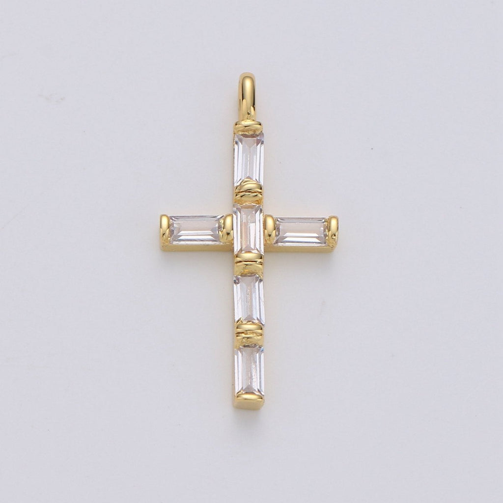 Cubic Zirconia CZ Marquise Navette Crystal Small Cross Pendant Charm Chain Necklace in 14k Gold Filled Silver Cross Charm Religious Jewelry I-657 I-658