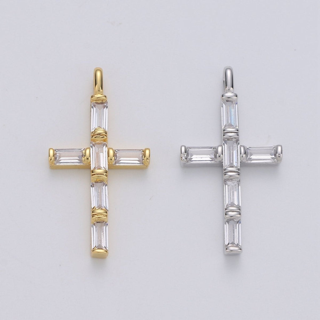 Cubic Zirconia CZ Marquise Navette Crystal Small Cross Pendant Charm Chain Necklace in 14k Gold Filled Silver Cross Charm Religious Jewelry I-657 I-658