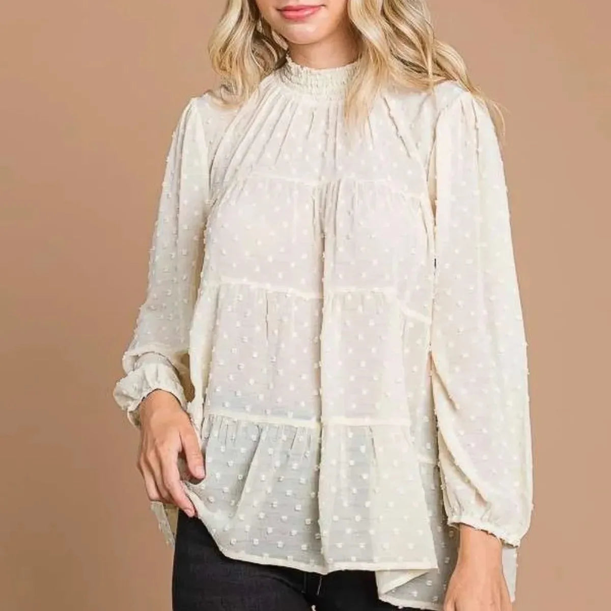 Swiss Dot Smocked Mock Neck Long Sleeve Blouse