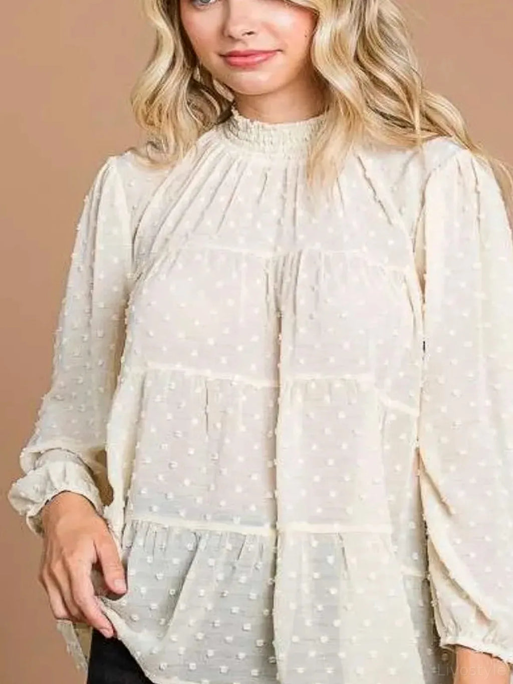 Swiss Dot Smocked Mock Neck Long Sleeve Blouse