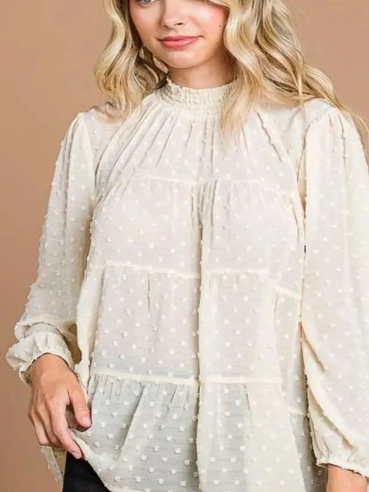 Swiss Dot Smocked Mock Neck Long Sleeve Blouse