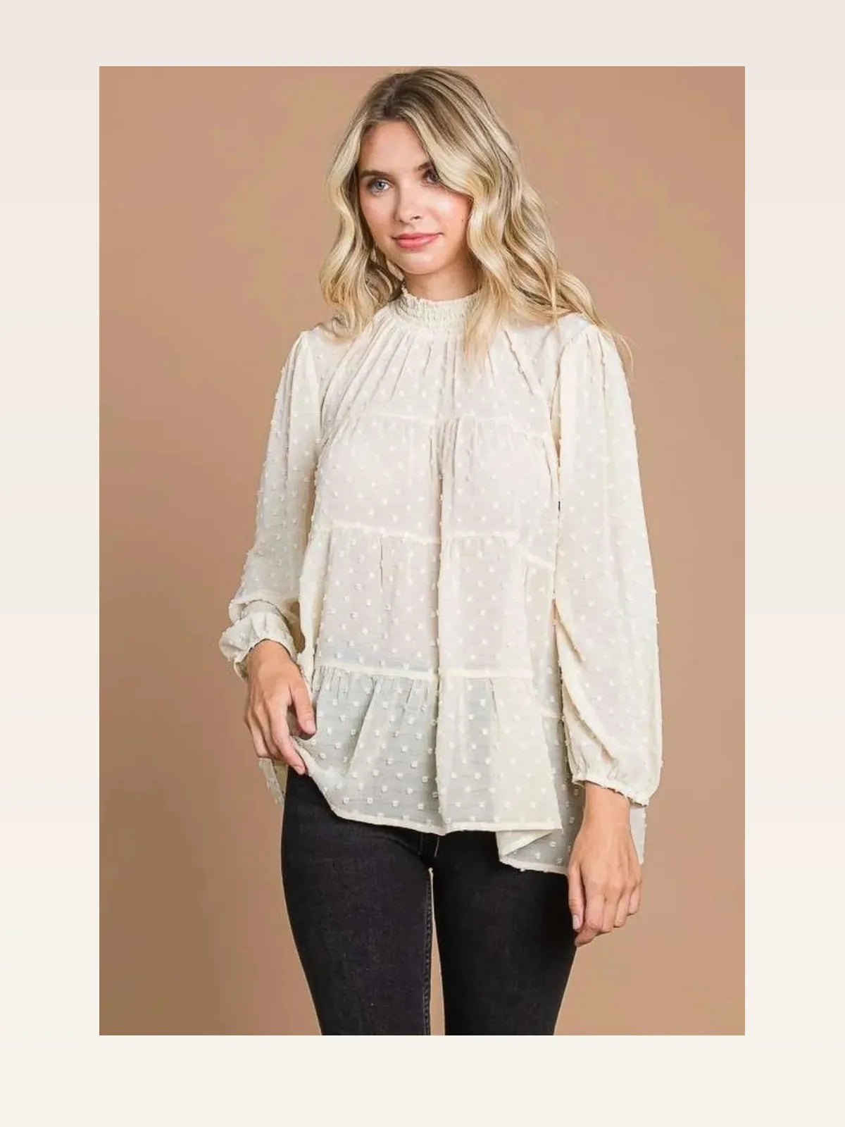 Swiss Dot Smocked Mock Neck Long Sleeve Blouse