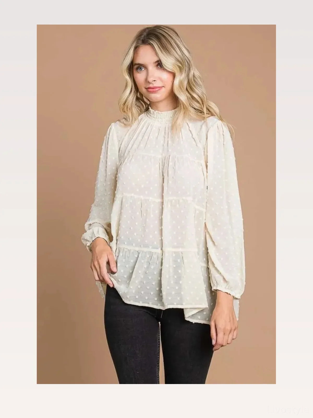 Swiss Dot Smocked Mock Neck Long Sleeve Blouse
