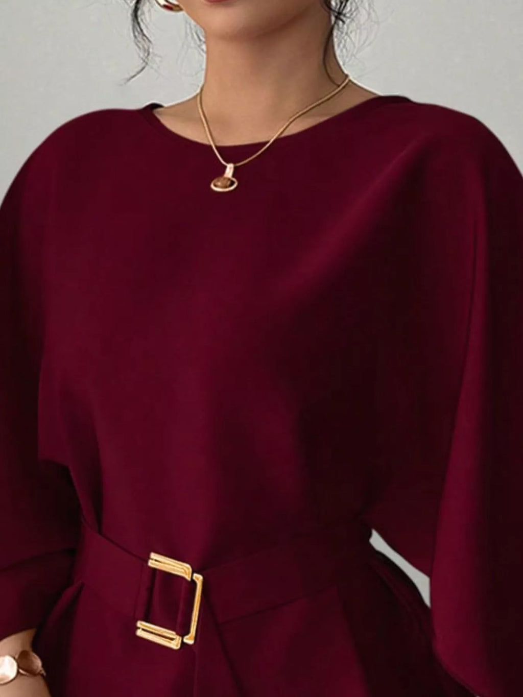 Round Neck Belt Batwing Sleeve Blouse