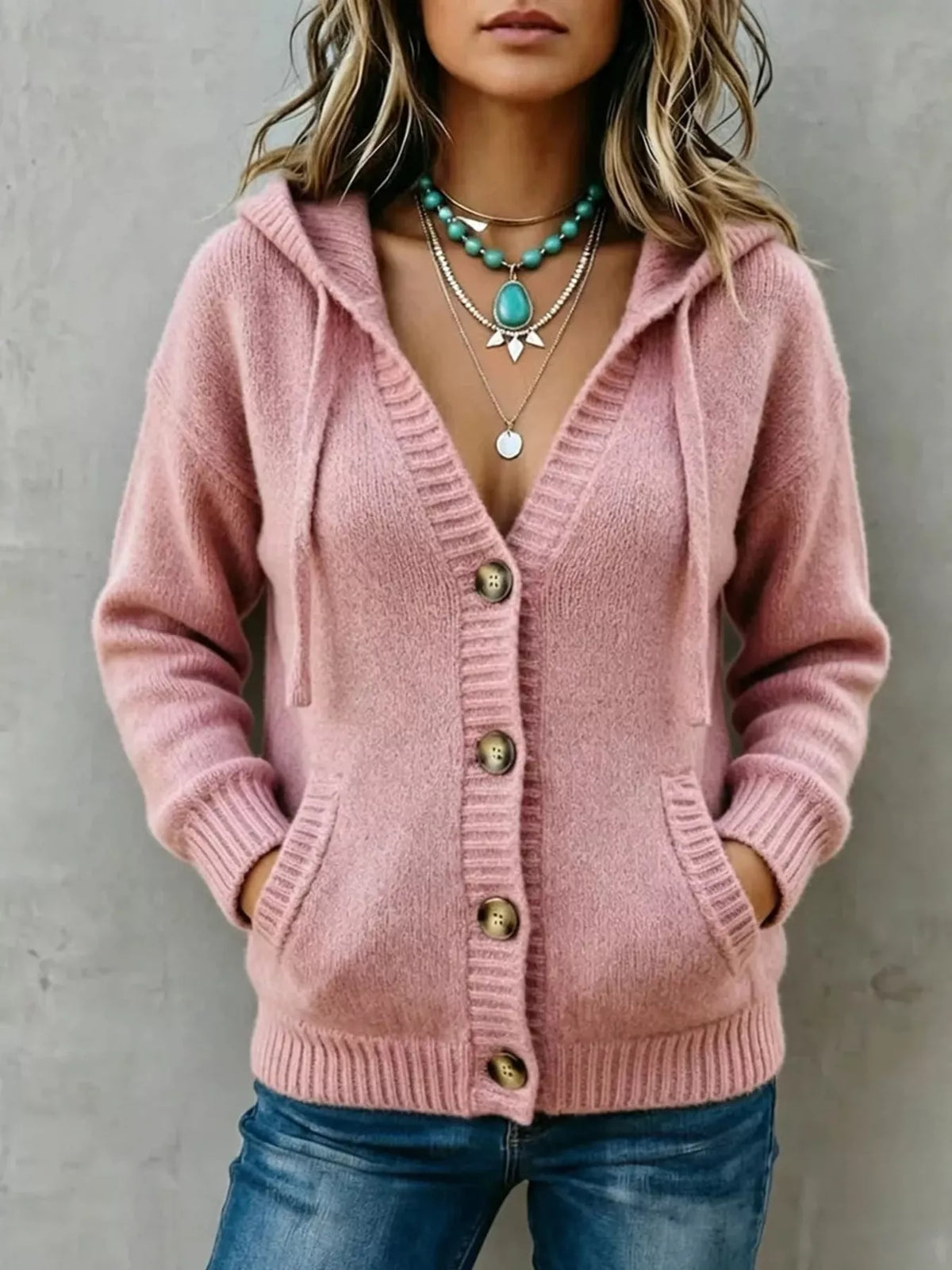 Hooded Button-Down Knit Cardigan with Pockets