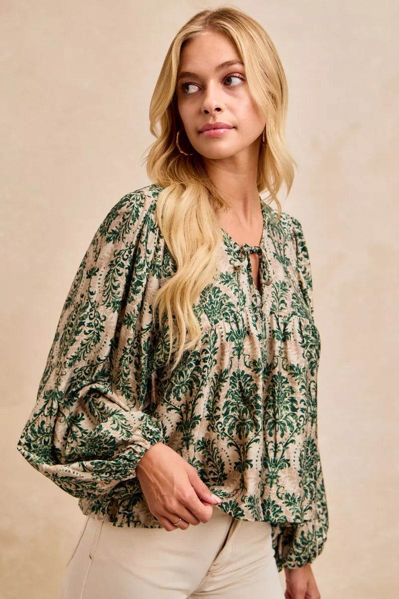 BiBi Printed Woven Front Tied Blouse with Baloon Sleeve
