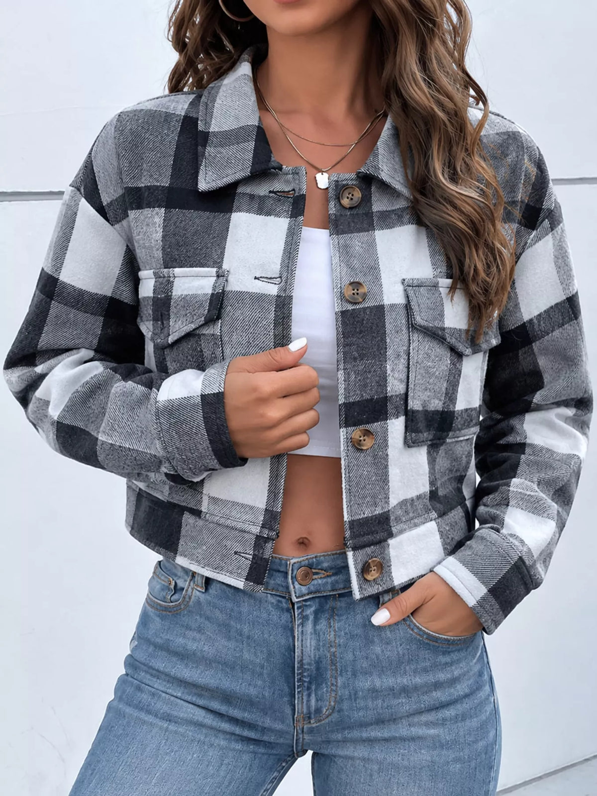 Plaid Button-Front Cropped Jacket