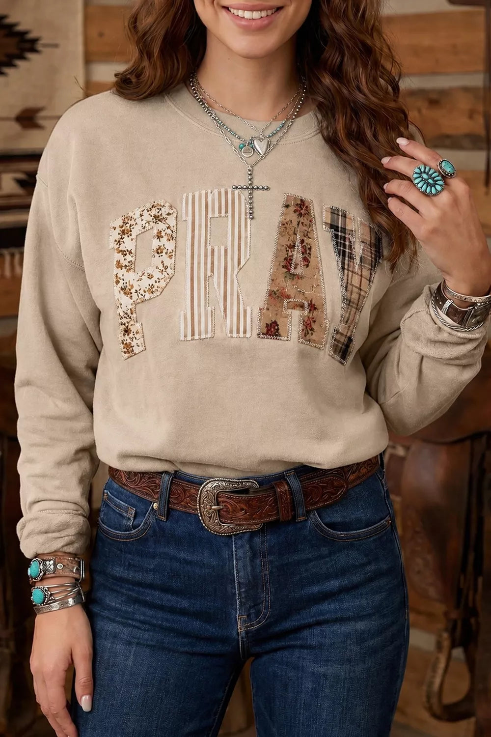 Floral Buffalo Plaid Striped Embroidered Patch Western Sweatshirt