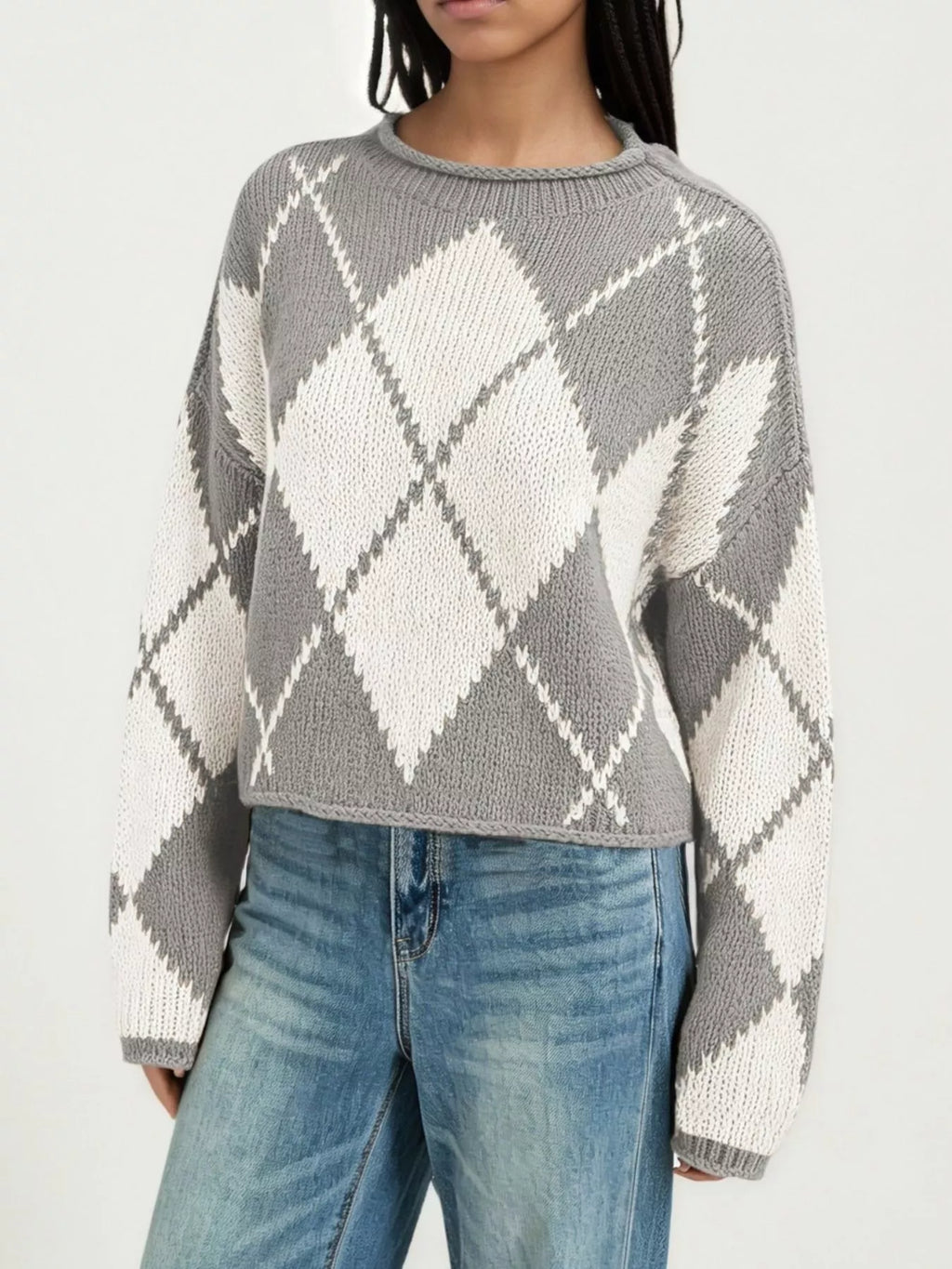 Argyle Pattern Knit Dropped Shoulder Sweater