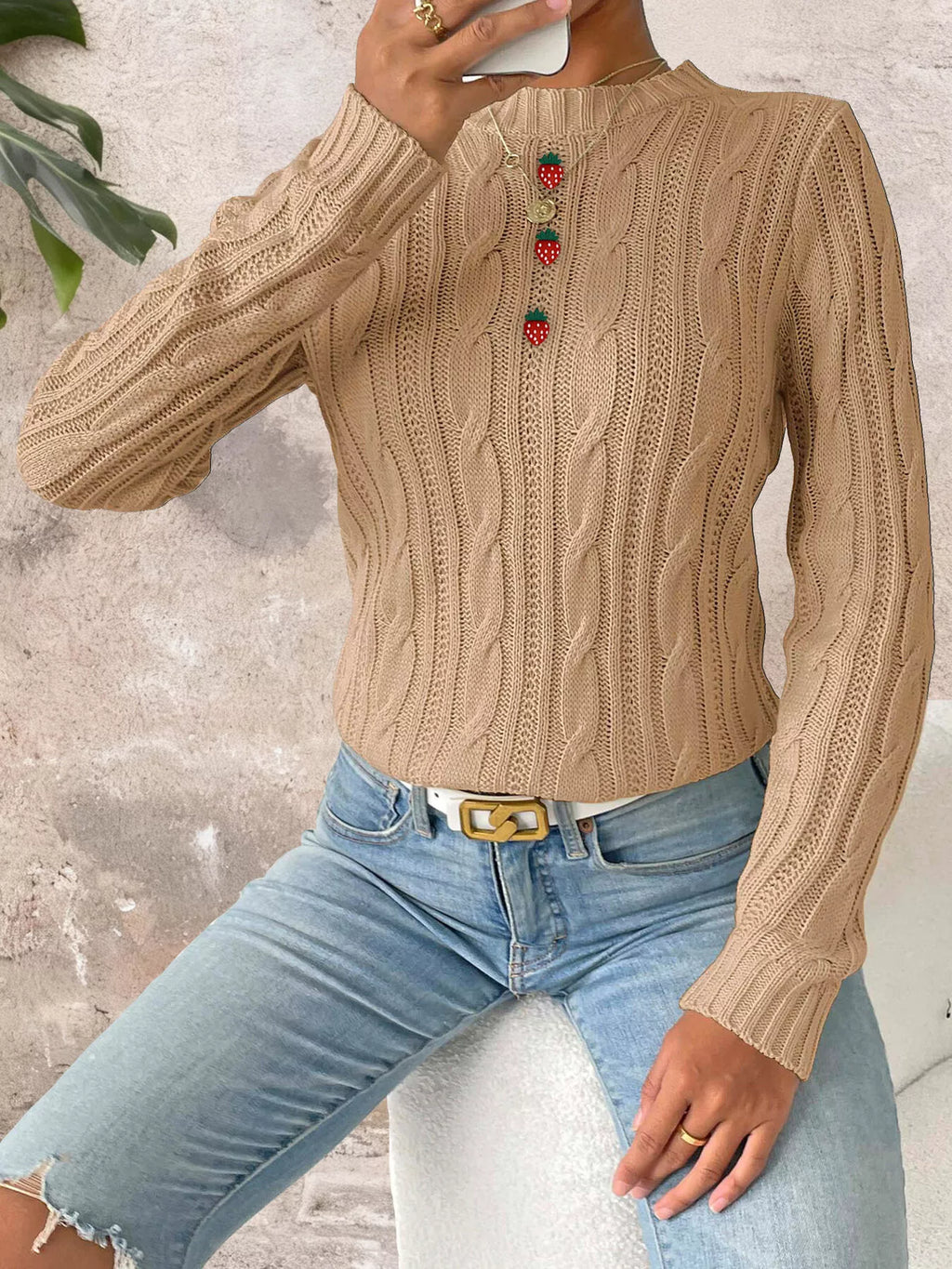 Strawberry Embellished Cable Knit Round Neck Sweater