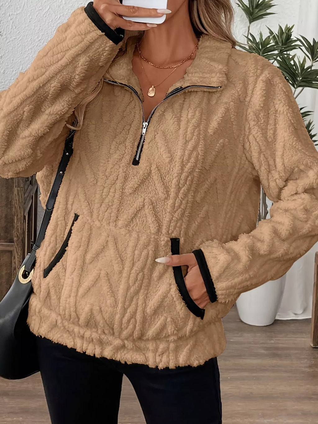 Full Size Quarter-Zip Sherpa Sweatshirt Plus Size