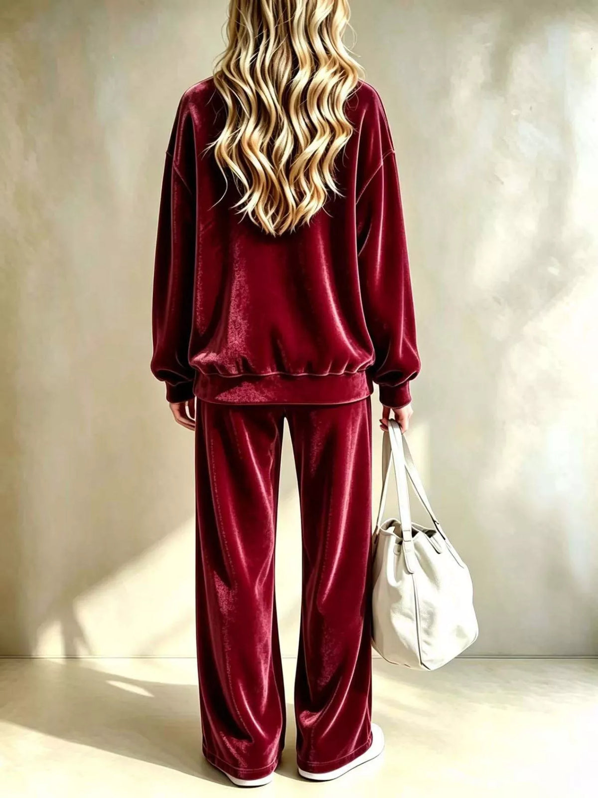 Full Size Velvet Dropped Shoulder Top and Wide-Leg Pants Set Plus Size