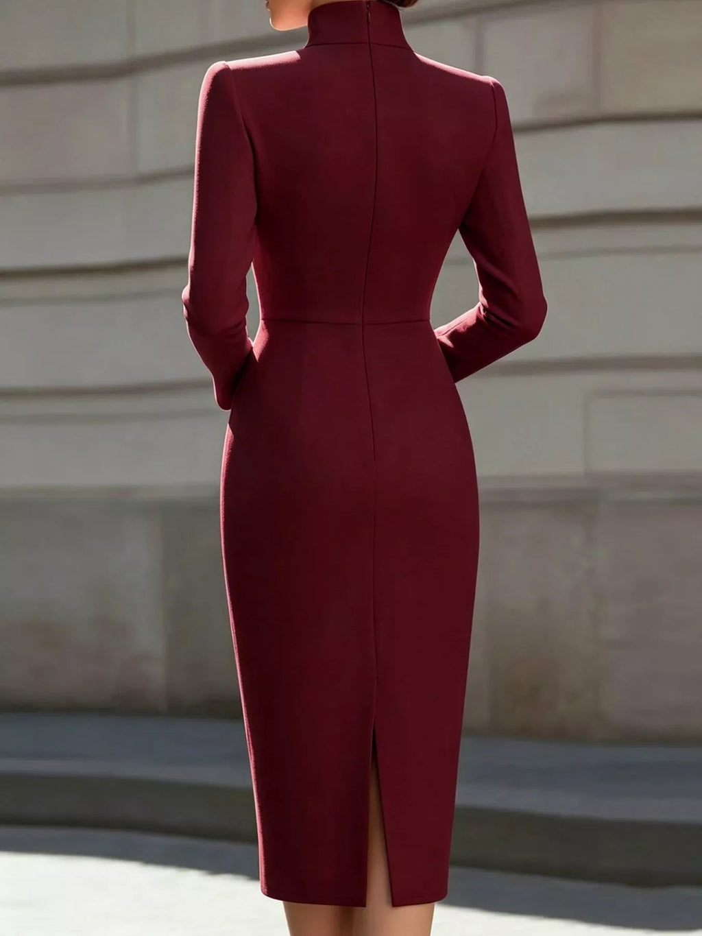 Full Size Stand-Collar Long-Sleeve Midi Dress Plus Size