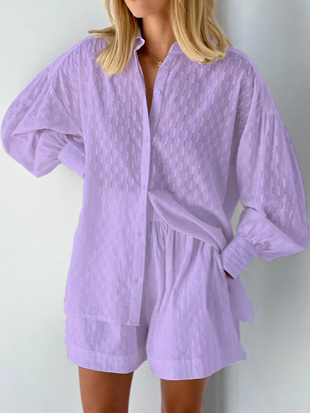 Textured Button-Down Shirt and Shorts Set