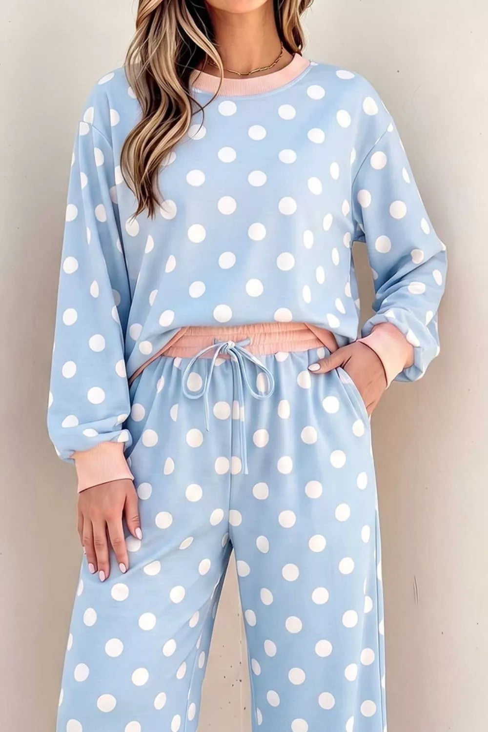 Polka Dot Contrast Trim Long Sleeve Top Drawstring Shift Pants Set