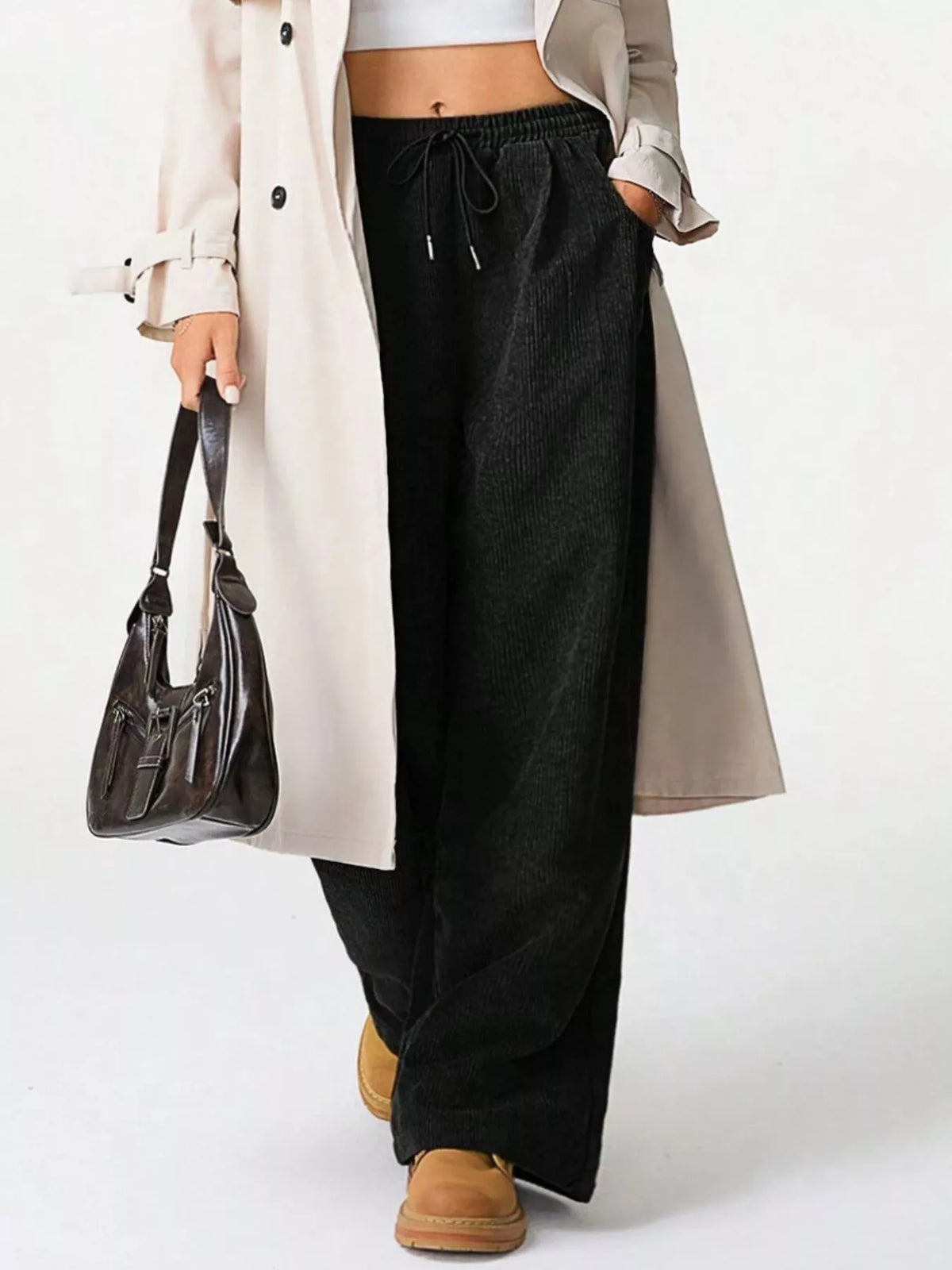 Wide Leg Corduroy Drawstring Pants