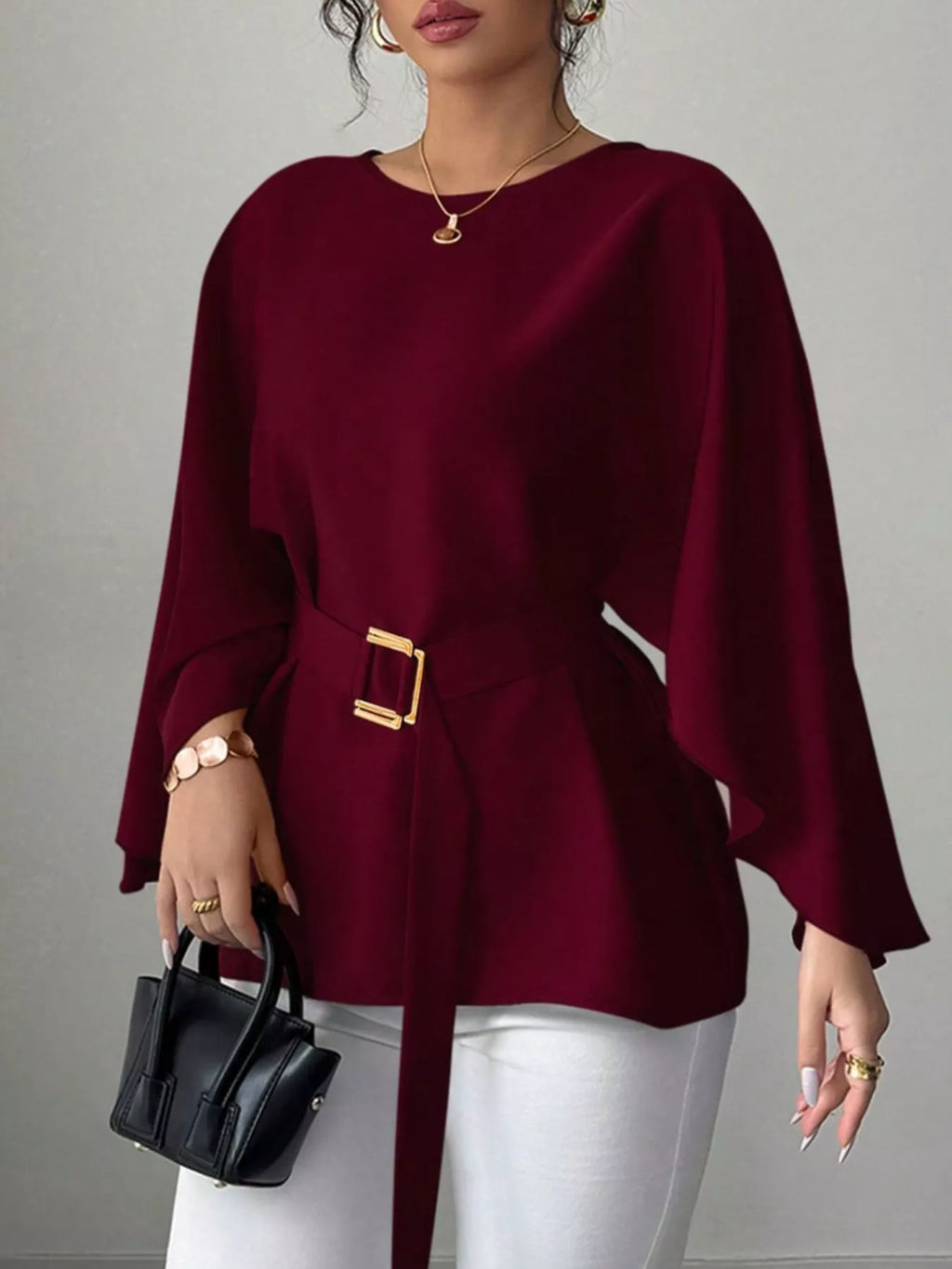 Round Neck Belt Batwing Sleeve Blouse