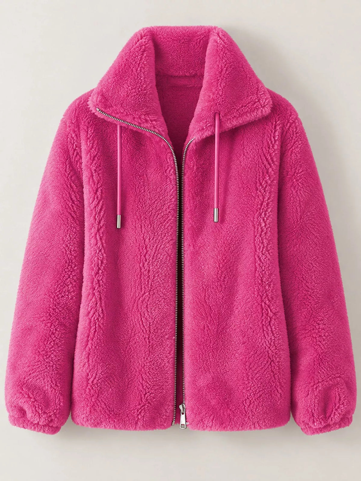 Full Size Drawstring Faux Fur Stand-Collar Zip-Up Outerwear Plus Size