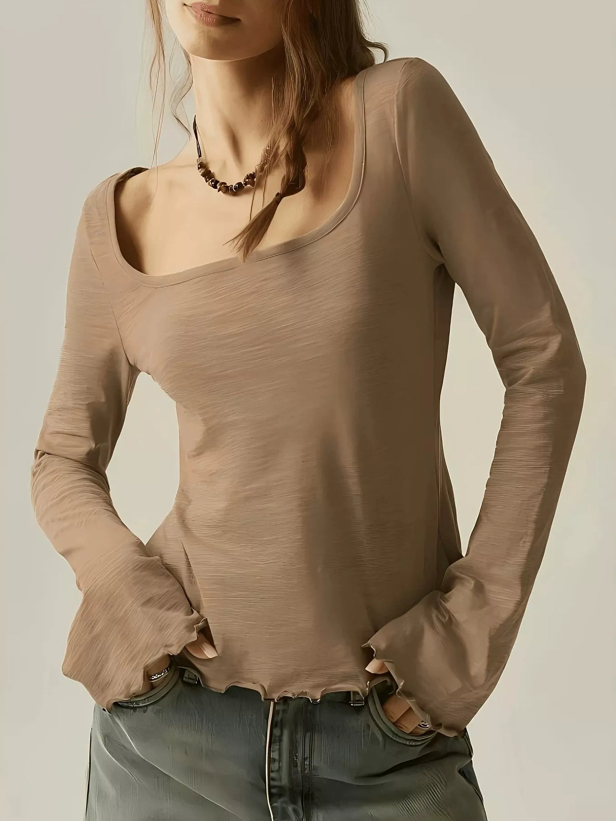 Long Sleeve Square Neck Slim-Fit T-Shirt