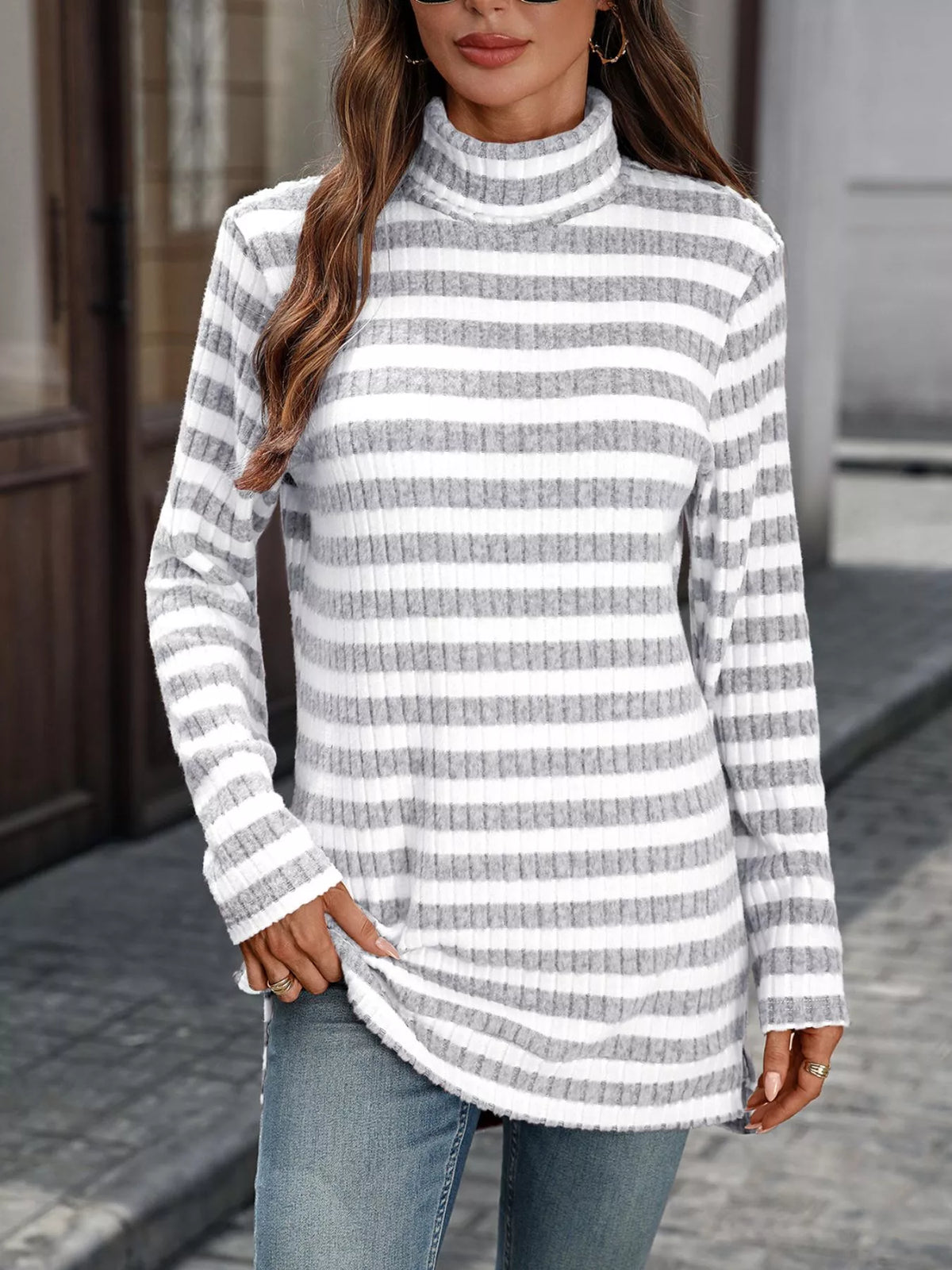Striped Ribbed Knit Turtleneck Long Sleeve T-Shirt