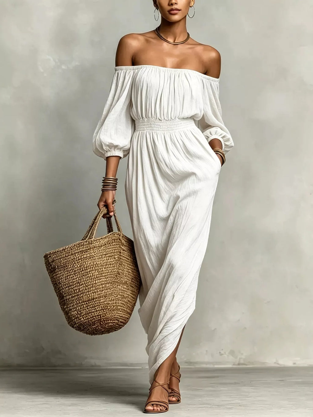 t Off-Shoulder Smocked Waist Maxi Dress