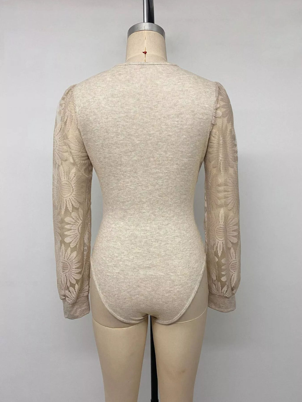 V-Neck Lace Trim Floral Mesh Sleeve Bodysuit
