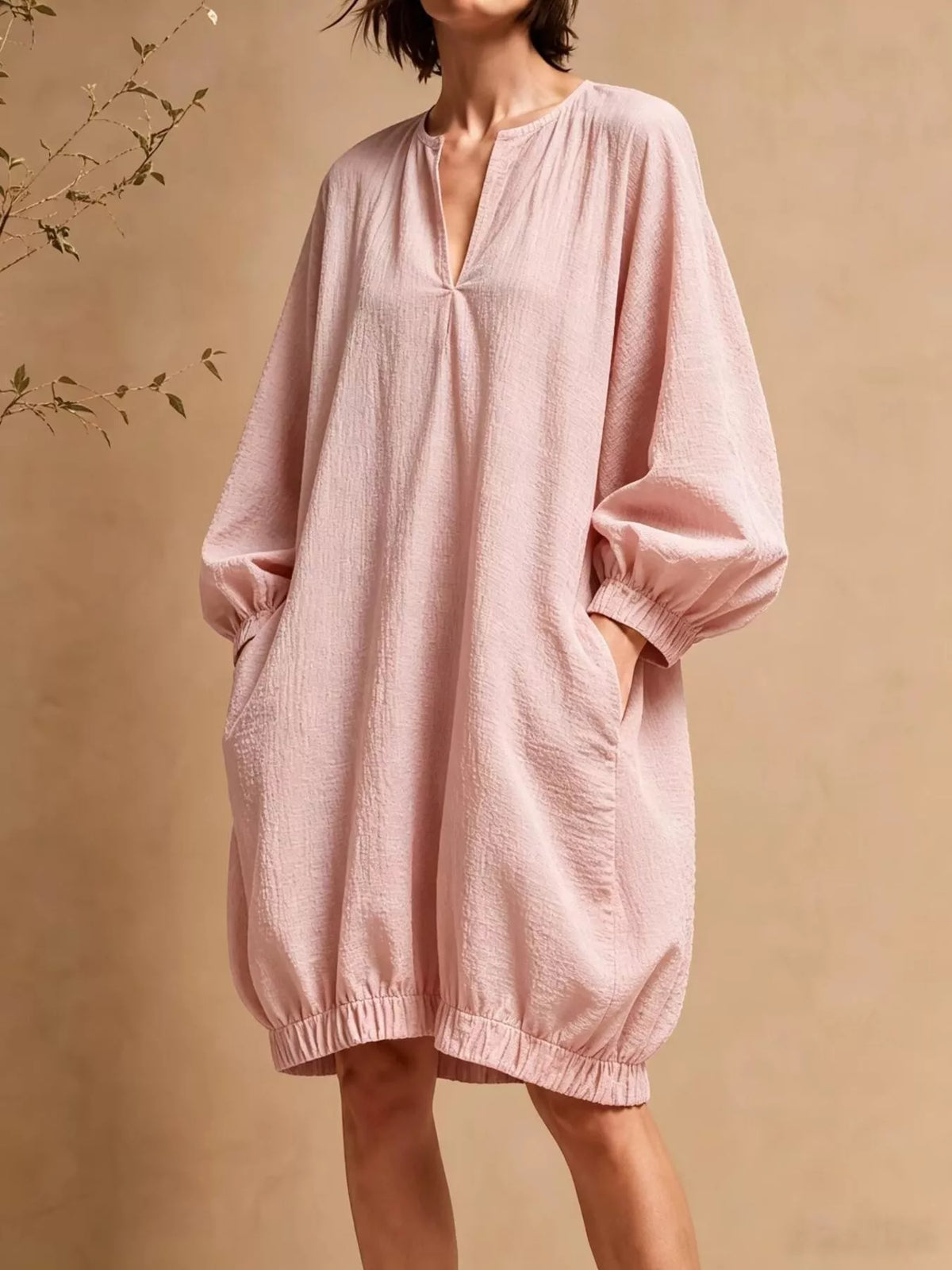 Casual Loose-Fit Balloon Sleeve Mini Dress with Pockets