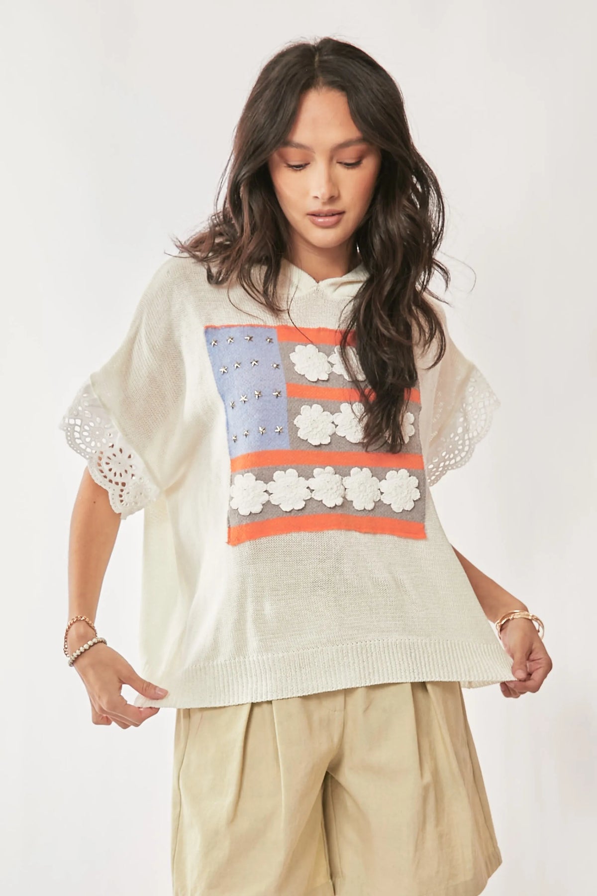 Davi & Dani American Flag Loose Fit Lace Sleeve Hoodie Top