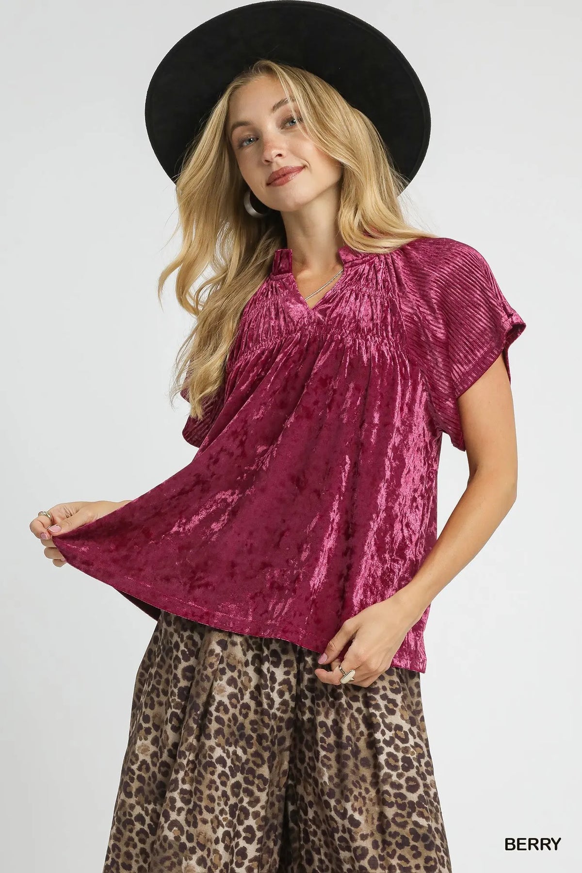 Umgee Crushed Velvet Pleated Blouse