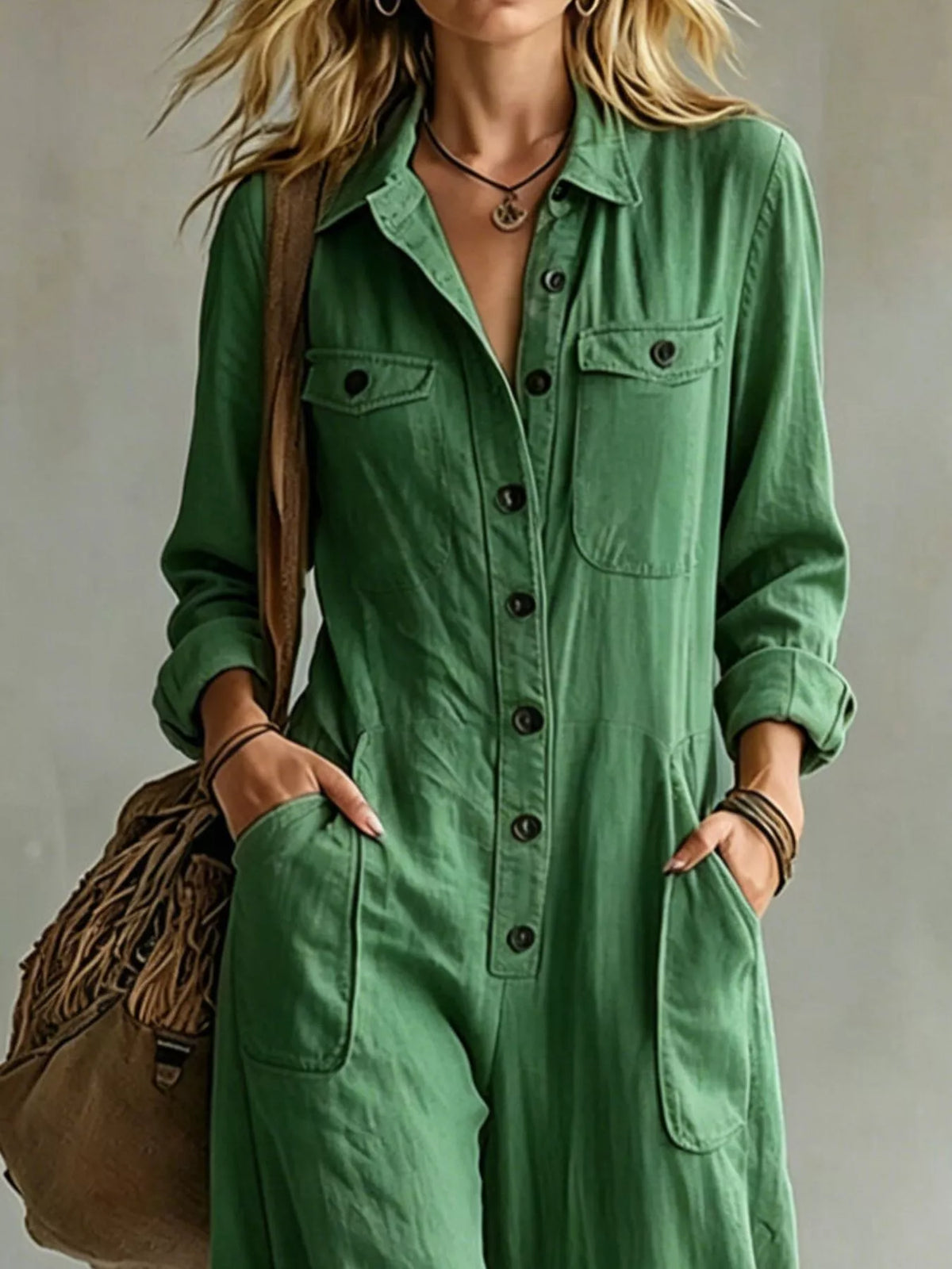 Full Size Long Sleeve Button Front Jumpsuit Plus Size